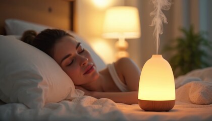 Woman sleeps near aroma diffuser in bedroom. Girl relaxing in bed with essential oil. Serene female enjoys spa time. Night scene with wellness device at home.