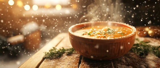 Warm soup in wooden bowl, cozy kitchen scene with snow falling outside.