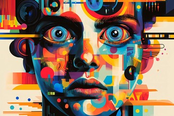Abstract geometric portrait of a person with intense gaze, ADHD conceptual art, neurodivergent mind, vibrant futuristic digital illustration, colorful fragmented patterns, cognitive overload