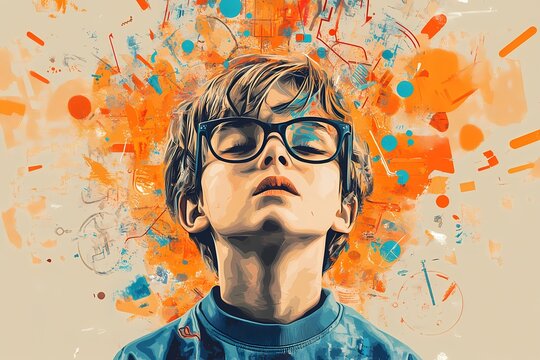 Abstract portrait of a boy with glasses, ADHD conceptual art, neurodivergent mind, imaginative brain, creative explosion, cognitive overload, orange and blue artistic background