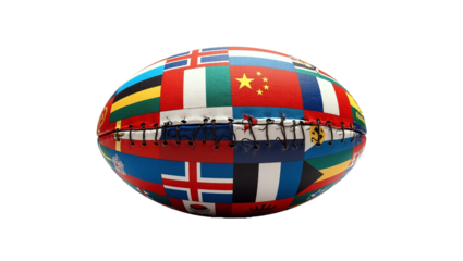 A rugby ball wrapped in an international flag design, isolated on a transparent background.
