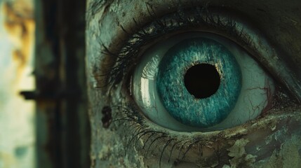 Close-up of a realistic human eye with striking blue iris, showcasing intricate details and textures