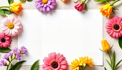 Fototapeta premium Floral arrangement with empty menu mockup on linen cloth, wedding decor