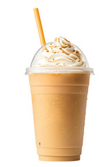 Iced coffee with whipped cream in a plastic takeaway cup isolated on a white background