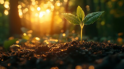 Bright green sprout emerging from moist soil with golden sunlight streaming through blurred forest leaves in the background