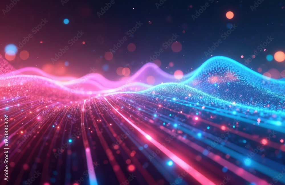 Poster abstract futuristic background with pink blue glowing neon moving wave lines, bokeh lights. data tra