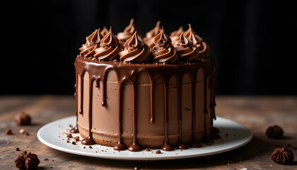 Chocolate cake with dripping ganache on wooden table