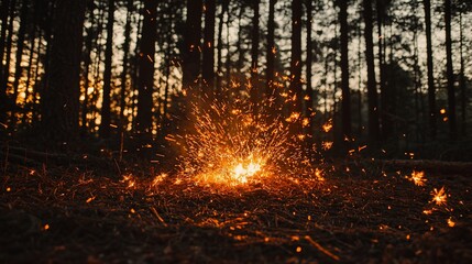 Sparkler explosion in a forest at sunset