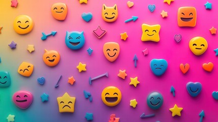 Colorful assortment of emoji shapes scattered on a vibrant gradient background creating a playful and cheerful atmosphere. Generative AI