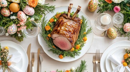 Celebrate Easter with a traditional feast featuring roasted lamb and vibrant spring decorations