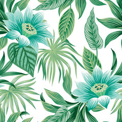 Tropical vintage blue lotus flower, palm leaves floral seamless pattern white background. Exotic jungle wallpaper.	
