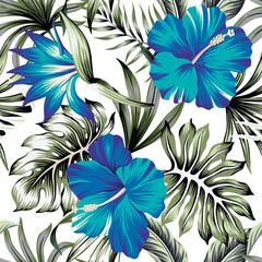 Tropical Hawaiian blue hibiscus flower, palm leaves floral seamless pattern white background. Exotic jungle wallpaper. © good_mood