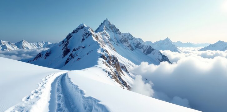 Snow-capped ridge with rolling clouds and icy mist, snowy, icy, landscape