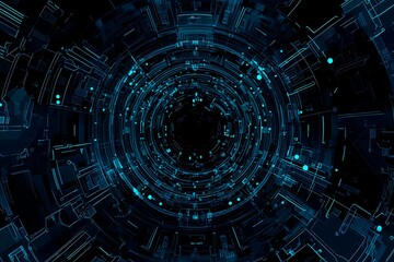 Obraz premium Abstract close-up of a glowing blue digital circuit board, showcasing intricate connections and technological design on a black background. 