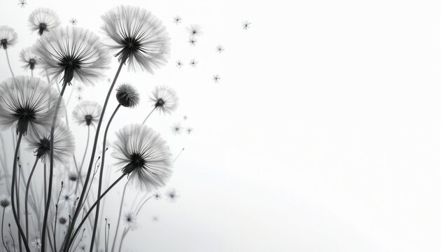 Elegant art illustration with transparent x-ray dandelions, wildflowers on light background. Beautiful floral backdrop. Design for card, postcard, interior, packaging, invitations, print, wallpaper.