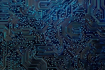 Abstract close-up of a glowing blue digital circuit board, showcasing intricate connections and technological design on a black background.
