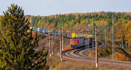 Railroad and train with wagons and tanks. Transportation industry	