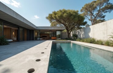 Swimming pool outside modern house with concrete wall, minimalist aesthetic. Turquoise water, tree shadow reflection. Minimalist sophisticated urban outdoor space. House exterior, construction,