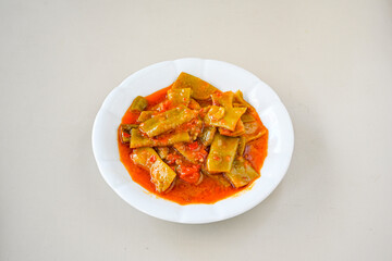 Traditional delicious Turkish food; Green beans with olive oil; Turkish name; Zeytinyagli taze fasulye