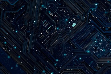 Abstract close-up of a glowing blue digital circuit board, showcasing intricate connections and technological design on a black background.
