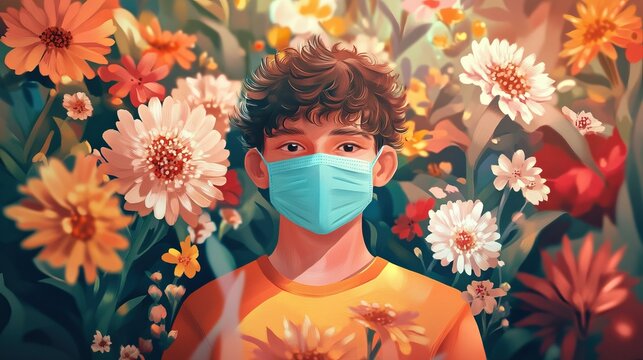 Young boy with surgical mask surrounded by vibrant blooming flowers in a garden setting symbolizing allergy concept