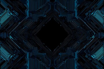 Abstract close-up of a glowing blue digital circuit board, showcasing intricate connections and technological design on a black background.
