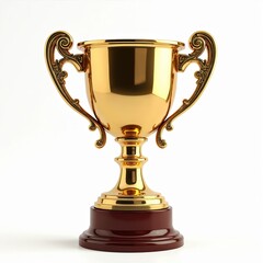 Golden trophy cup success, victory, recognition. Award perfect for sports, contests, accomplishments. Decorative handles add elegance. Dark wooden base complements golden hue. Isolated on white