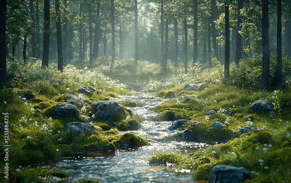 Poster sunlit stream flows through mossy forest; serene nature scene, ideal for calm background