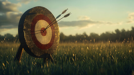 Two arrows hit a bullseye on a straw target in a field.

