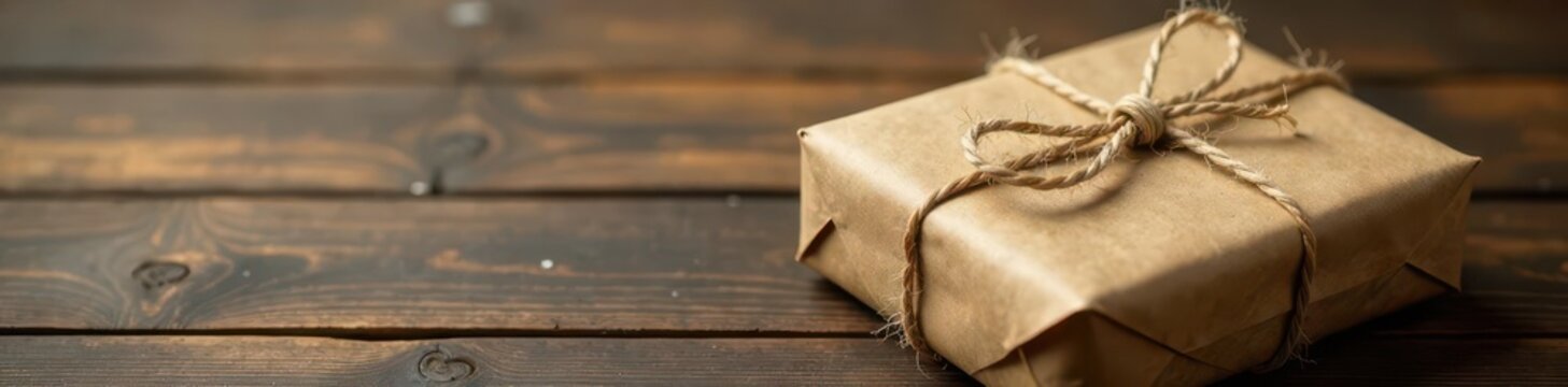 Wrapped brown package with twine string on a wooden table, wrapping, packaging