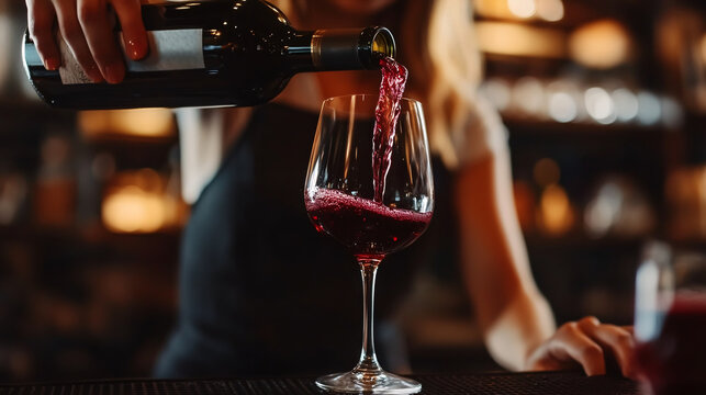 A female bartender pours red wine into a glass for a tasting, captured in close-up.