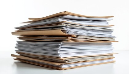 Stack of files and papers is at office. Heap of documentation represents workload. Report, paperwork, research, info, sheets, forms are in big pile. Job, management, bureaucracy concept.