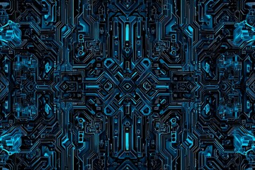 Abstract close-up of a glowing blue digital circuit board, showcasing intricate connections and technological design on a black background.
