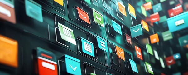 ERP and document management concept with virtual icons and modern workplace visuals