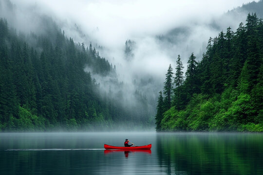 serene Sunday morning by lake with mist rising, featuring lone kayaker in red canoe surrounded by lush green trees and foggy mountains
