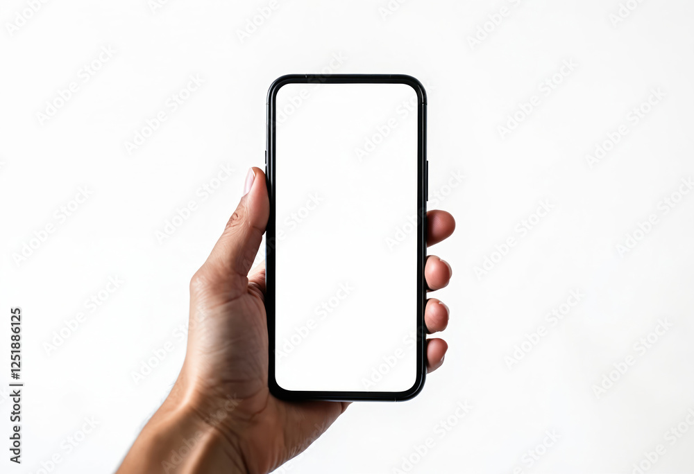 Poster minimalist smartphone mockup on a white background. hand holding mobile phone with blank white scree