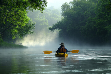 peaceful morning scene of person kayaking on misty lake surrounded by lush greenery. calm water reflects serene atmosphere, creating tranquil outdoor experience
