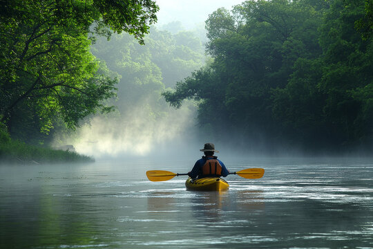 peaceful morning scene of person kayaking on misty lake surrounded by lush greenery. calm water reflects serene atmosphere, creating tranquil outdoor experience