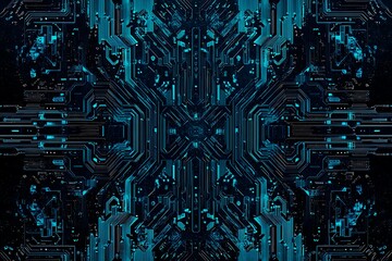 Abstract close-up of a glowing blue digital circuit board, showcasing intricate connections and technological design on a black background.
