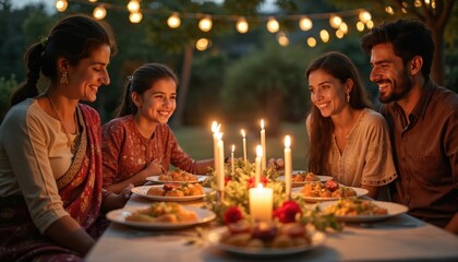 Cheerful family of four celebrates together at dinner outside. Parents, daughter, son sitting around table with candles, food at backyard. Family communicates enjoy company, smiling, laughing, fun at