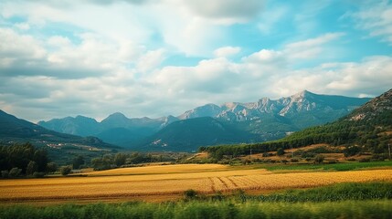 Fototapeta premium Breathtaking mountain range and golden fields rural landscape france nature photography serene environment wide-angle view