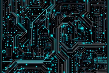 Abstract close-up of a glowing blue digital circuit board, showcasing intricate connections and technological design on a black background.
