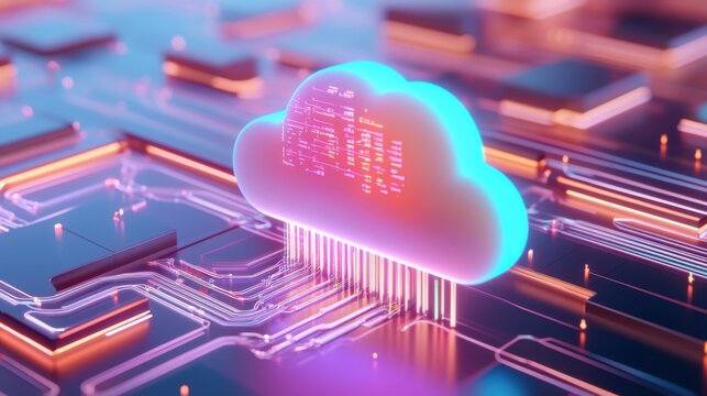 A glowing digital cloud hovering above a network of futuristic servers, with binary code flowing through, symbolizing cloud computing and big data