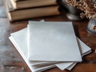 Fototapeta premium Blank stationery sheets on wooden table with books and dried flowers