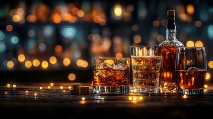 Obraz premium Whiskey, bar, drinks, ice, glasses, night, bokeh, dark, wood, alcohol, advertising