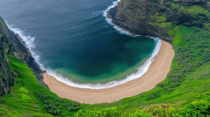 Hidden Cove Paradise: Secluded crescent beach nestled between lush green cliffs, turquoise waters gently lapping the shore. An aerial view showcasing the pristine beauty of this hidden gem. 