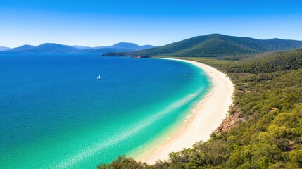 Obraz premium Whitehaven Beach Paradise: An aerial view of a breathtaking white sand beach stretching along a turquoise coastline, nestled amidst lush green hills and sparkling blue water.