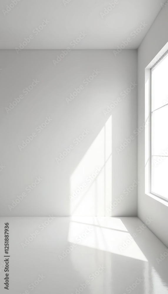Poster Vertical shot of empty white room with clean walls in minimalistic style. Sunlight from window creates shadows on wall. Monochrome interior with light floor ideal for product placement, architectural