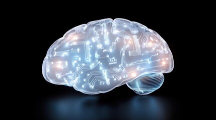 A single glowing brain shaped circuit board on a smooth, dark background, emitting soft blue light, symbolizing artificial intelligence, deep learning