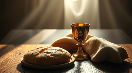 A symbolic composition displays the holy communion elements: a golden chalice and bread on a wooden table, illuminated by soft light evoking Maundy Thursday's significance